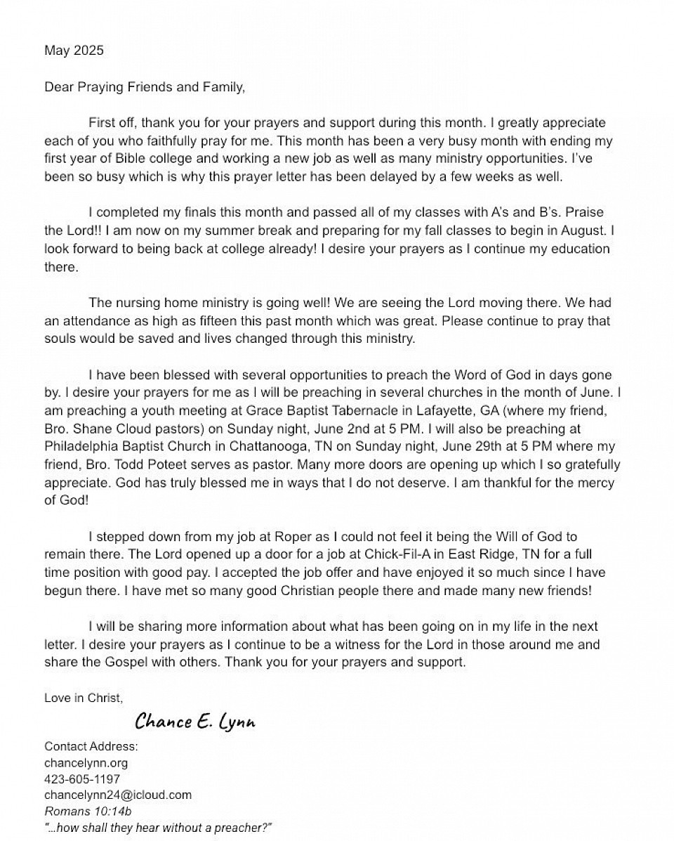 Prayer Letter May 2025
